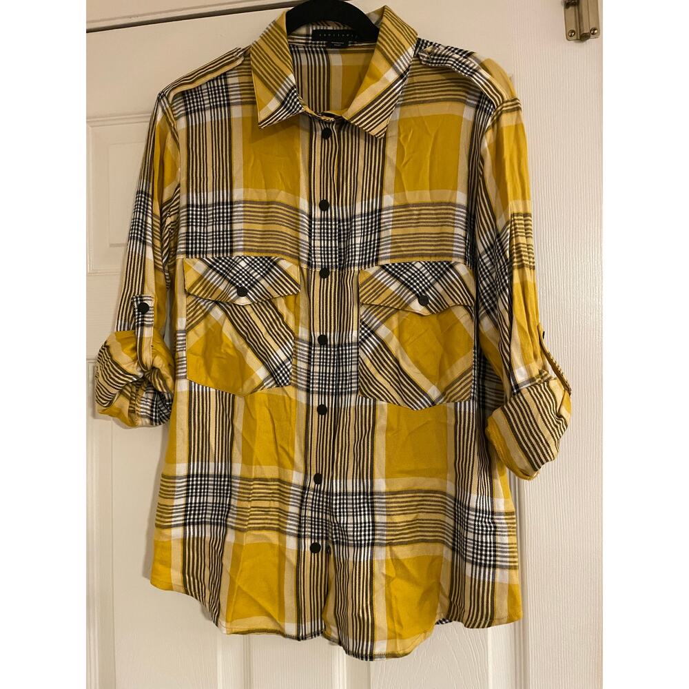Sanctuary yellow and black plaid button down roll sleeve shirt size XS
